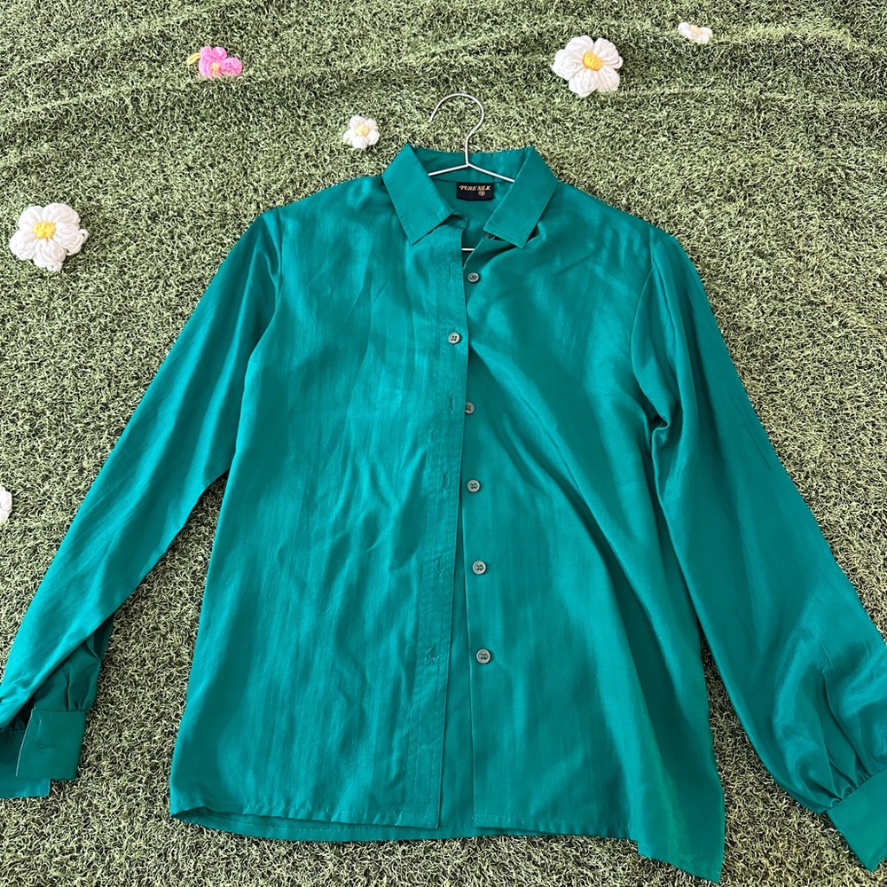 Vintage Pure Silk Teal Button-Up Shirt